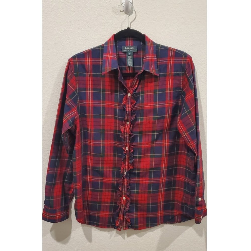 LAUREN RALPH LAUREN Ruffle Front Plaid Shirt